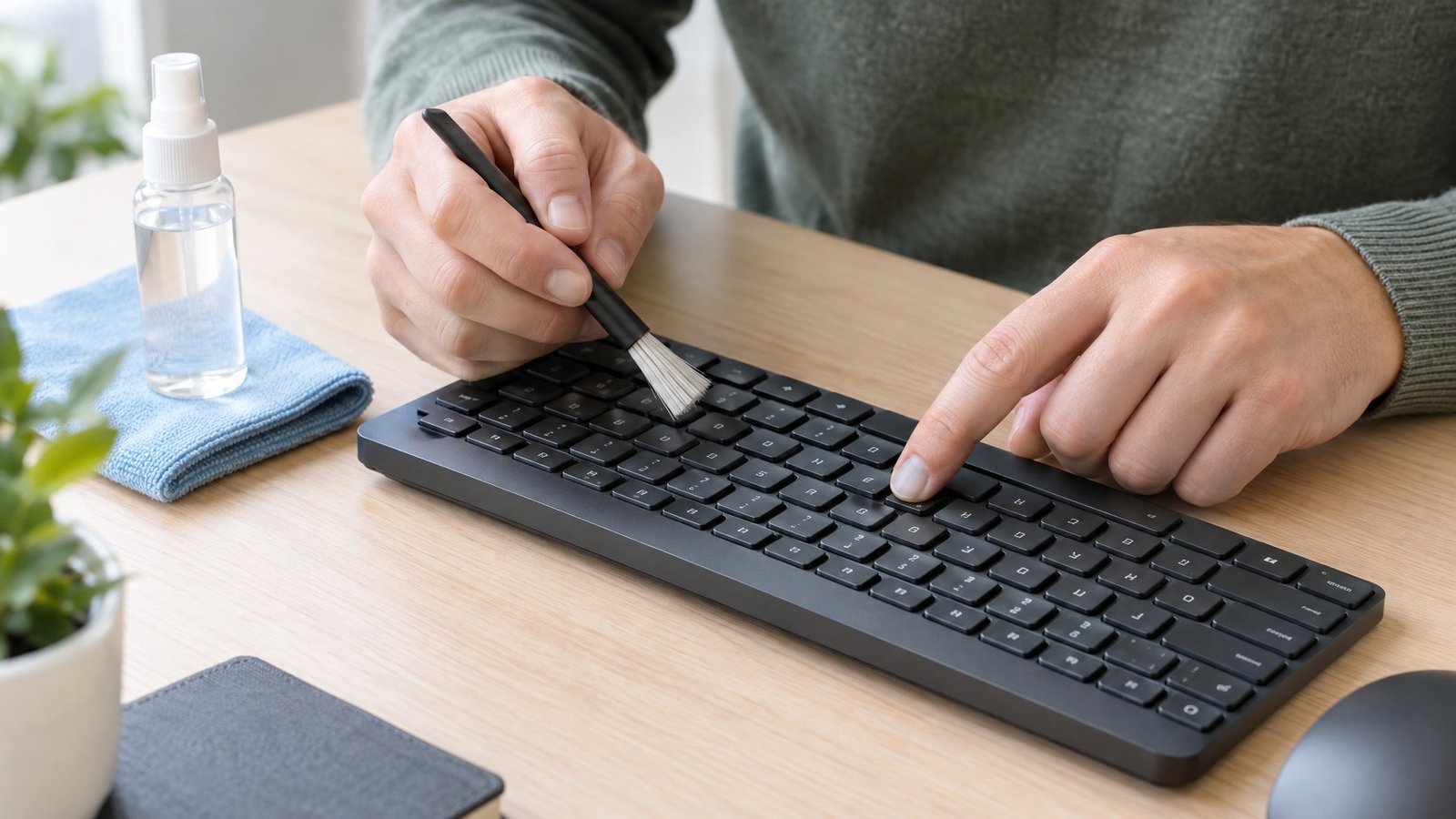 A person checks a keyboard key with a small cleaning brush and cloth nearby.