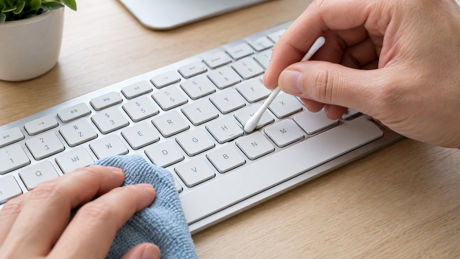 Hands clean around an attached keyboard key with a cotton swab.
