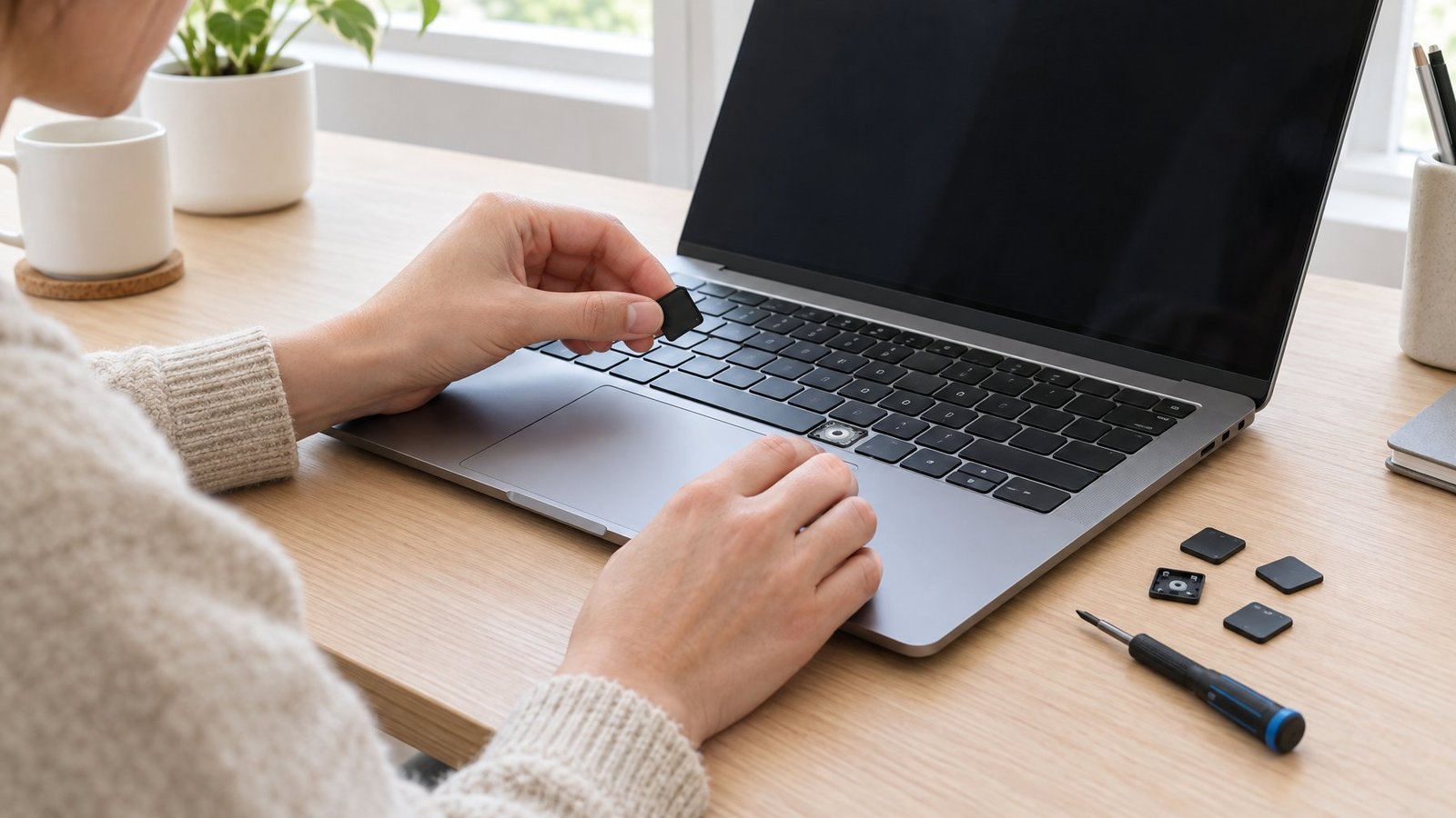 A person inspects a laptop keyboard with a lifted keycap and a small screwdriver nearby.