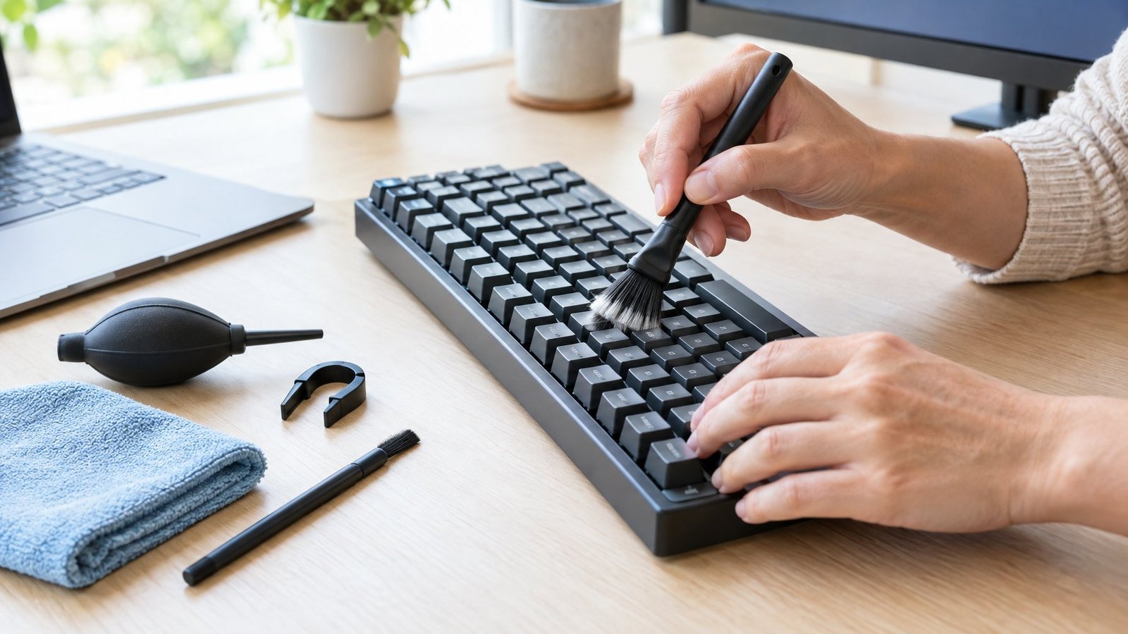 A person gently brushes around the keys of a computer keyboard.