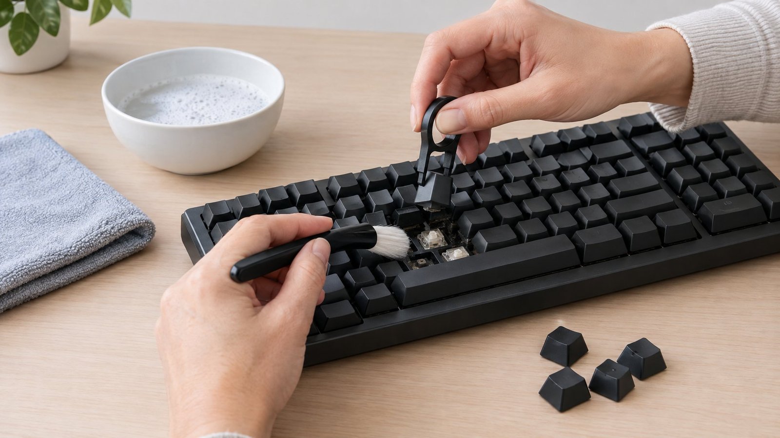 A person carefully cleaning a computer keyboard with a brush and keycap puller.