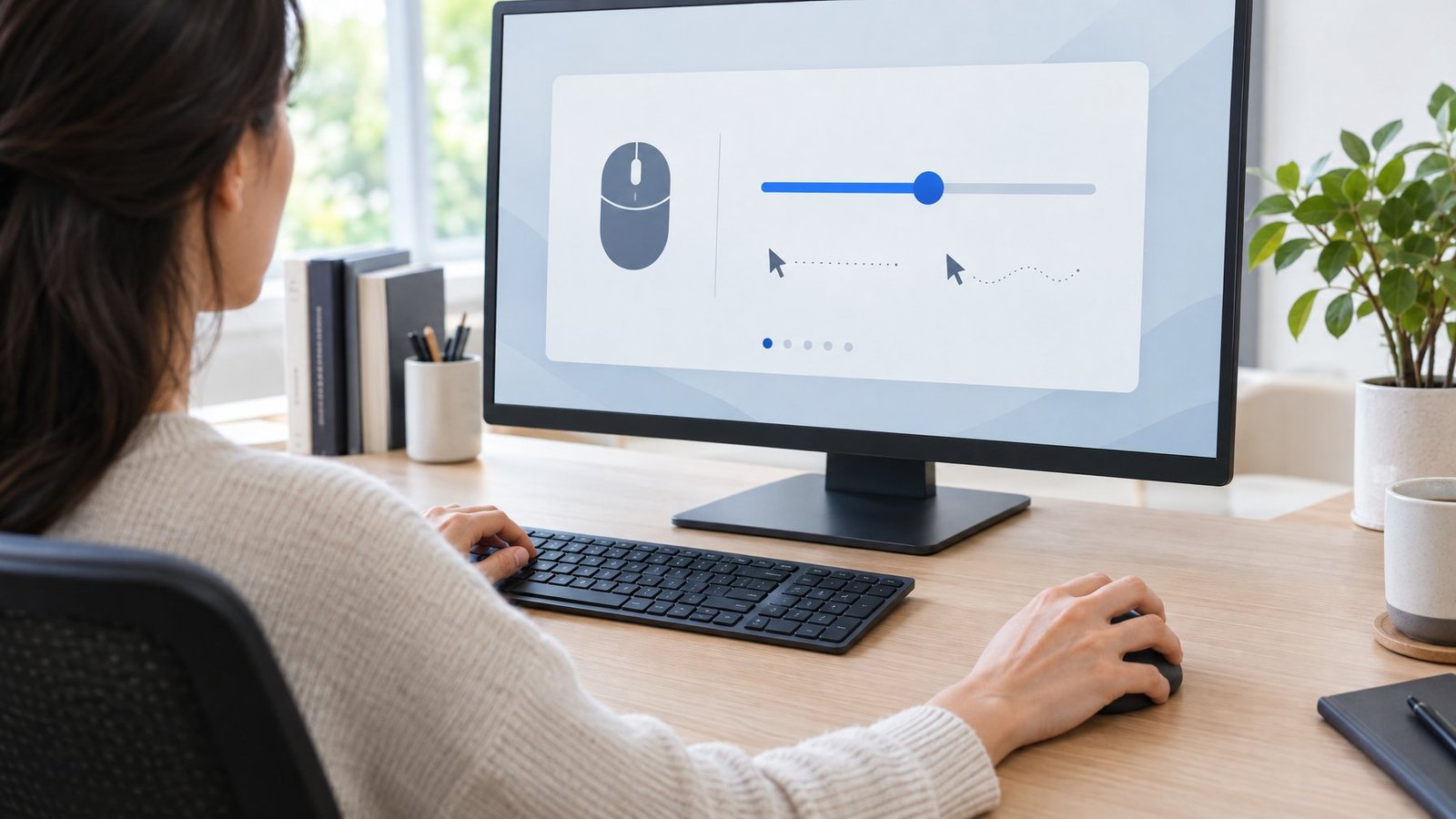A person adjusts a mouse sensitivity slider on a computer while seated at a desk.