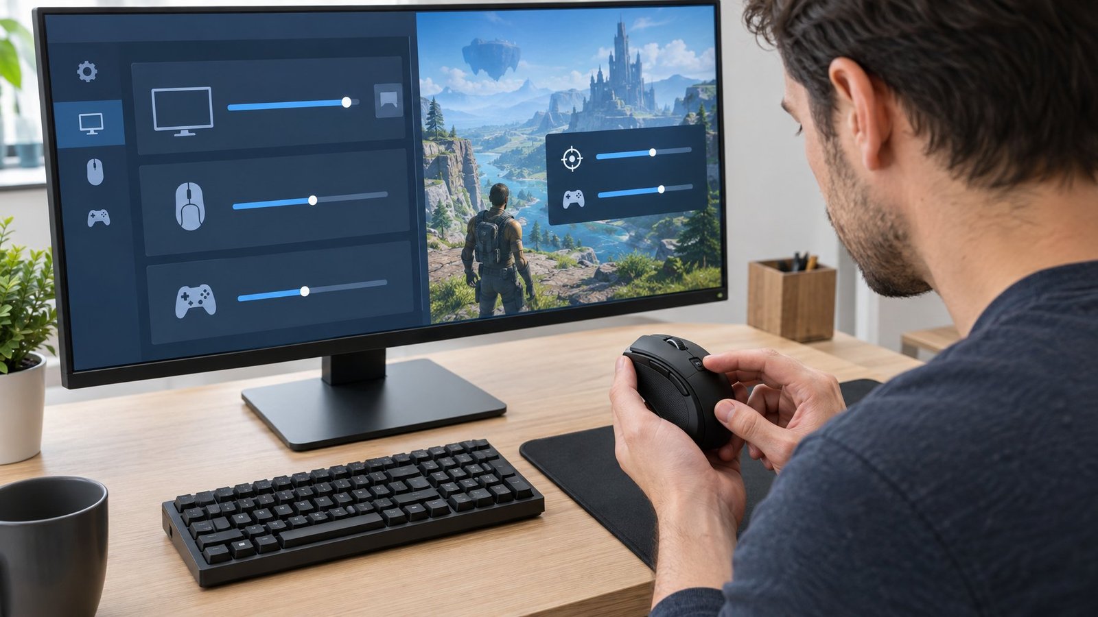 A person adjusts a mouse while checking computer settings and a game on a monitor.
