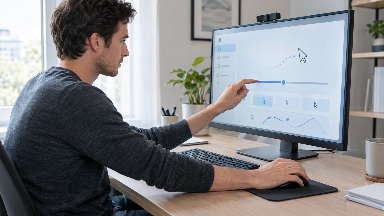A person adjusts mouse sensitivity settings at a computer.