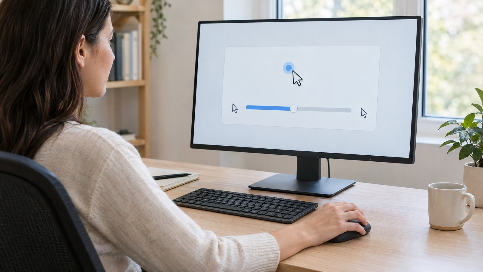 A person adjusts a mouse pointer speed setting at a computer desk.