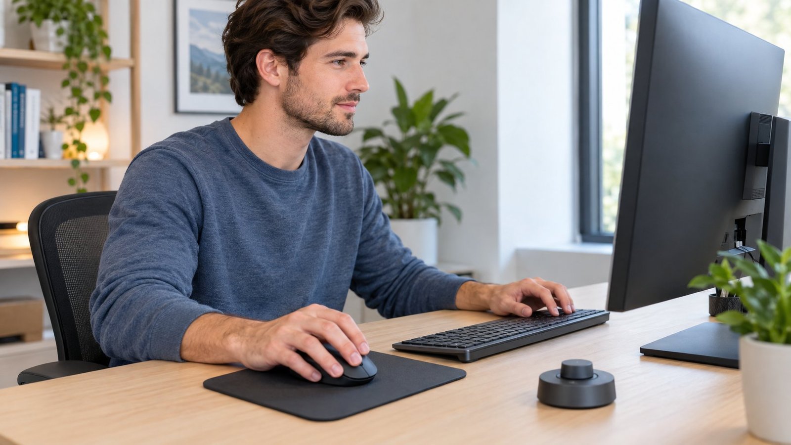 A person adjusts a computer mouse at a desk.