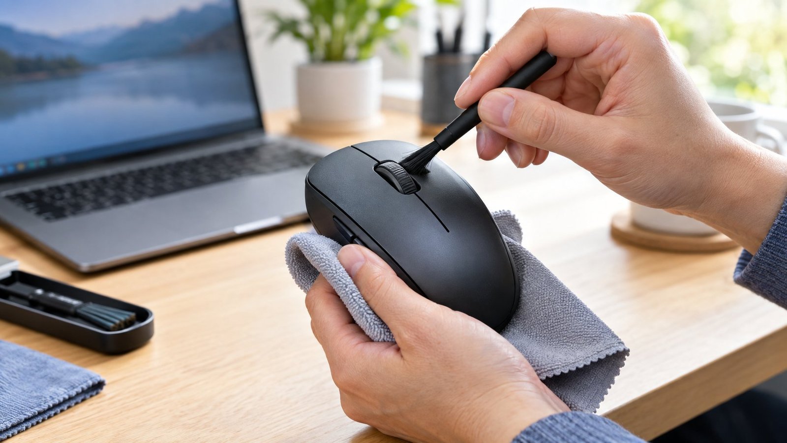 A person cleans and checks the scroll wheel on a computer mouse at a desk.