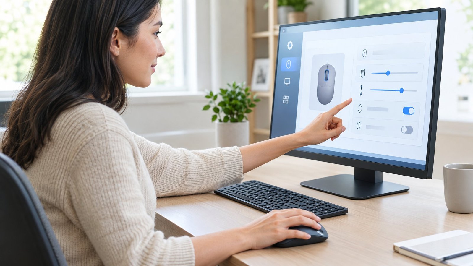 A person uses a mouse while checking its settings on a computer.
