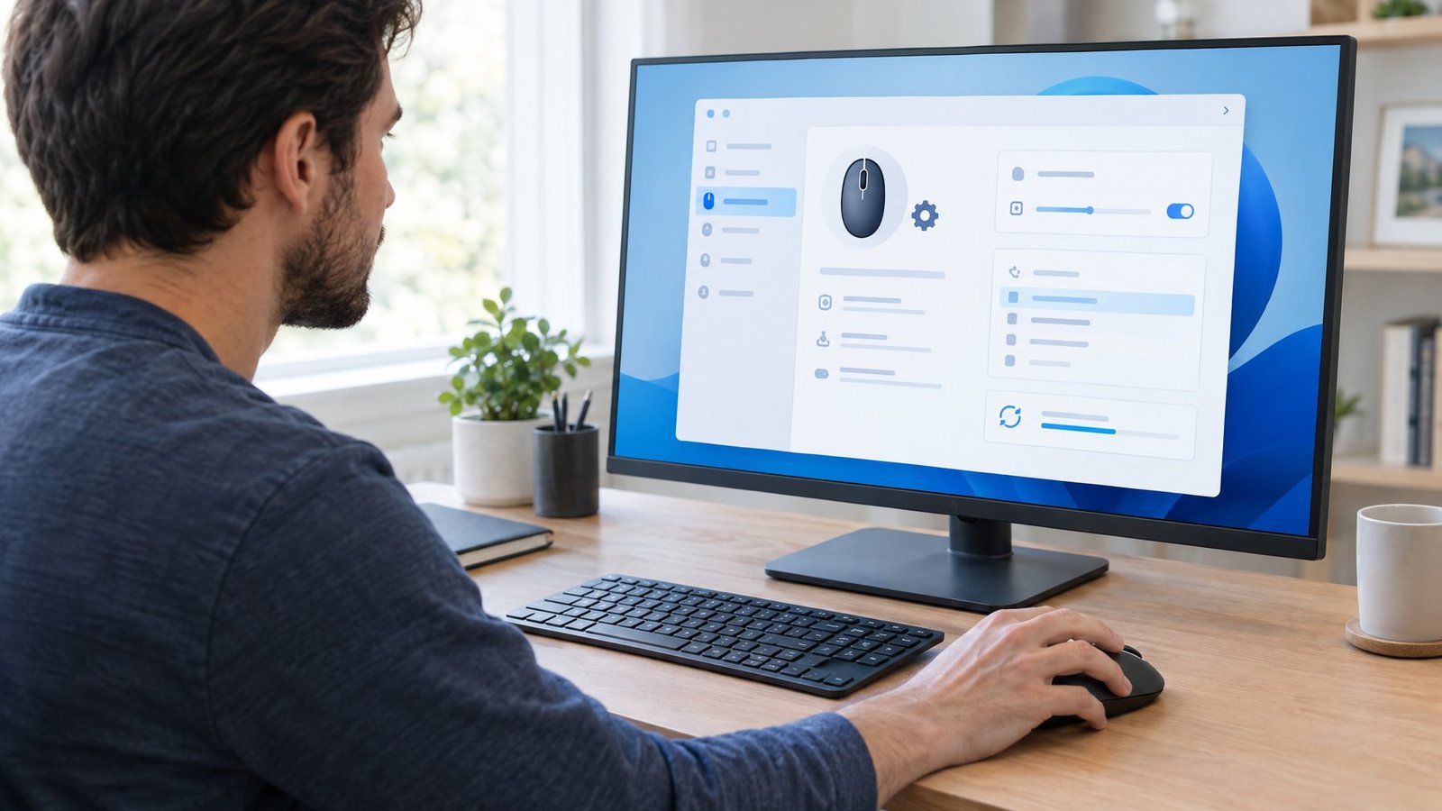 A person checks mouse settings on a computer while holding a mouse.