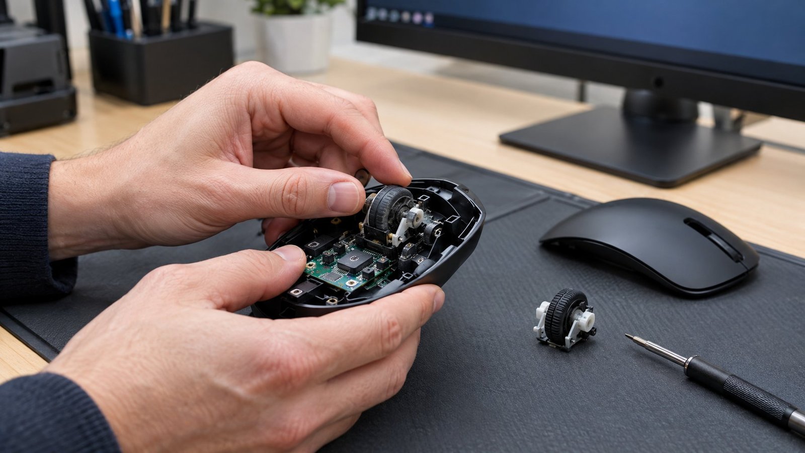 A technician inspects an opened computer mouse beside a replacement scroll wheel and small repair tools.