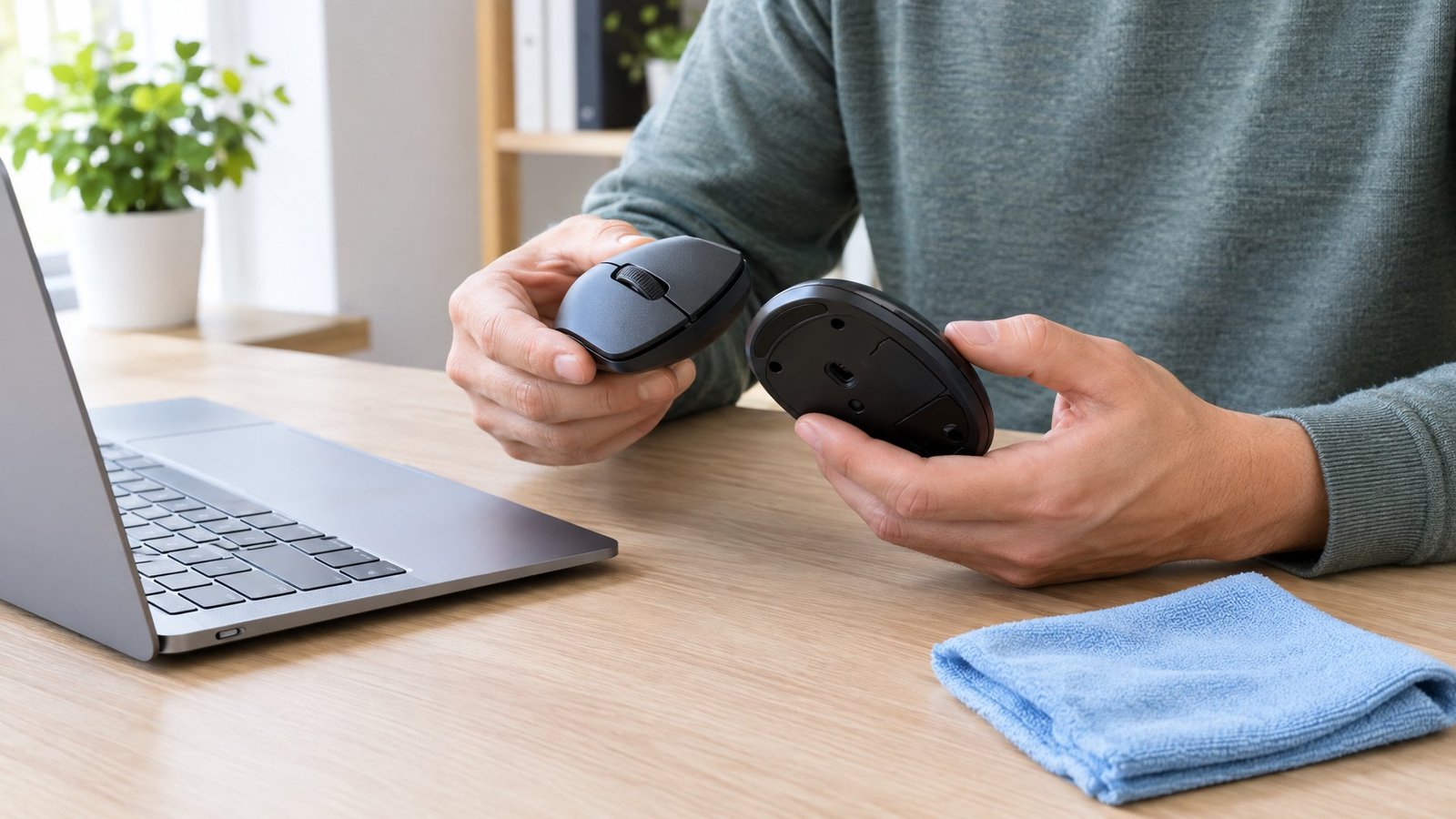A person inspects a computer mouse beside a laptop and microfiber cloth.