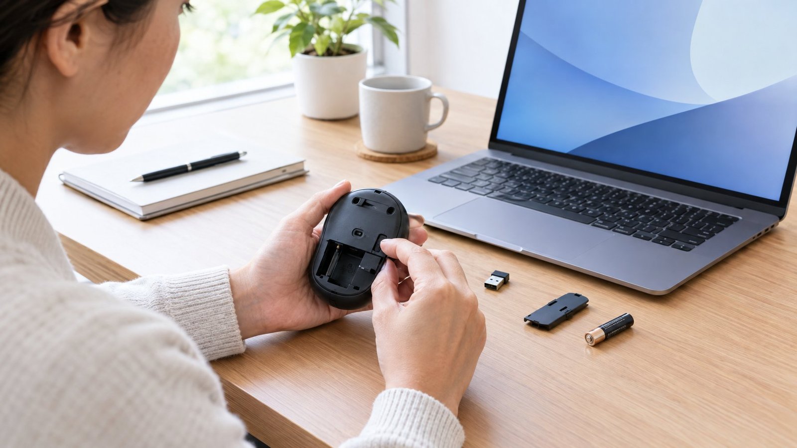 A person checks the batteries and power switch on a wireless mouse beside a laptop.