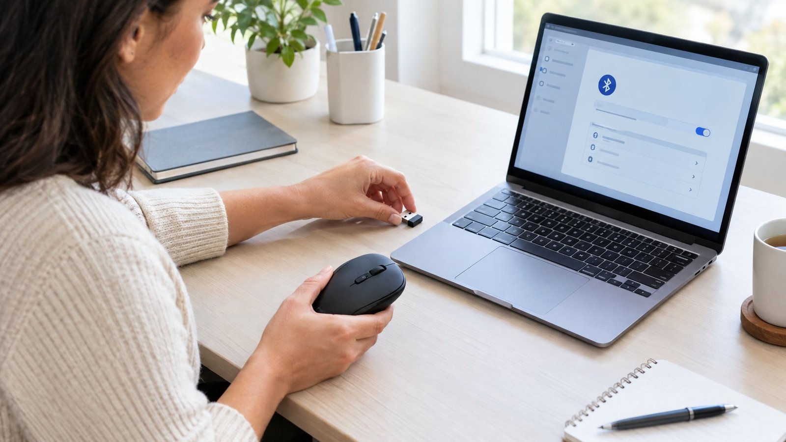 A person troubleshooting a wireless mouse beside an open laptop.