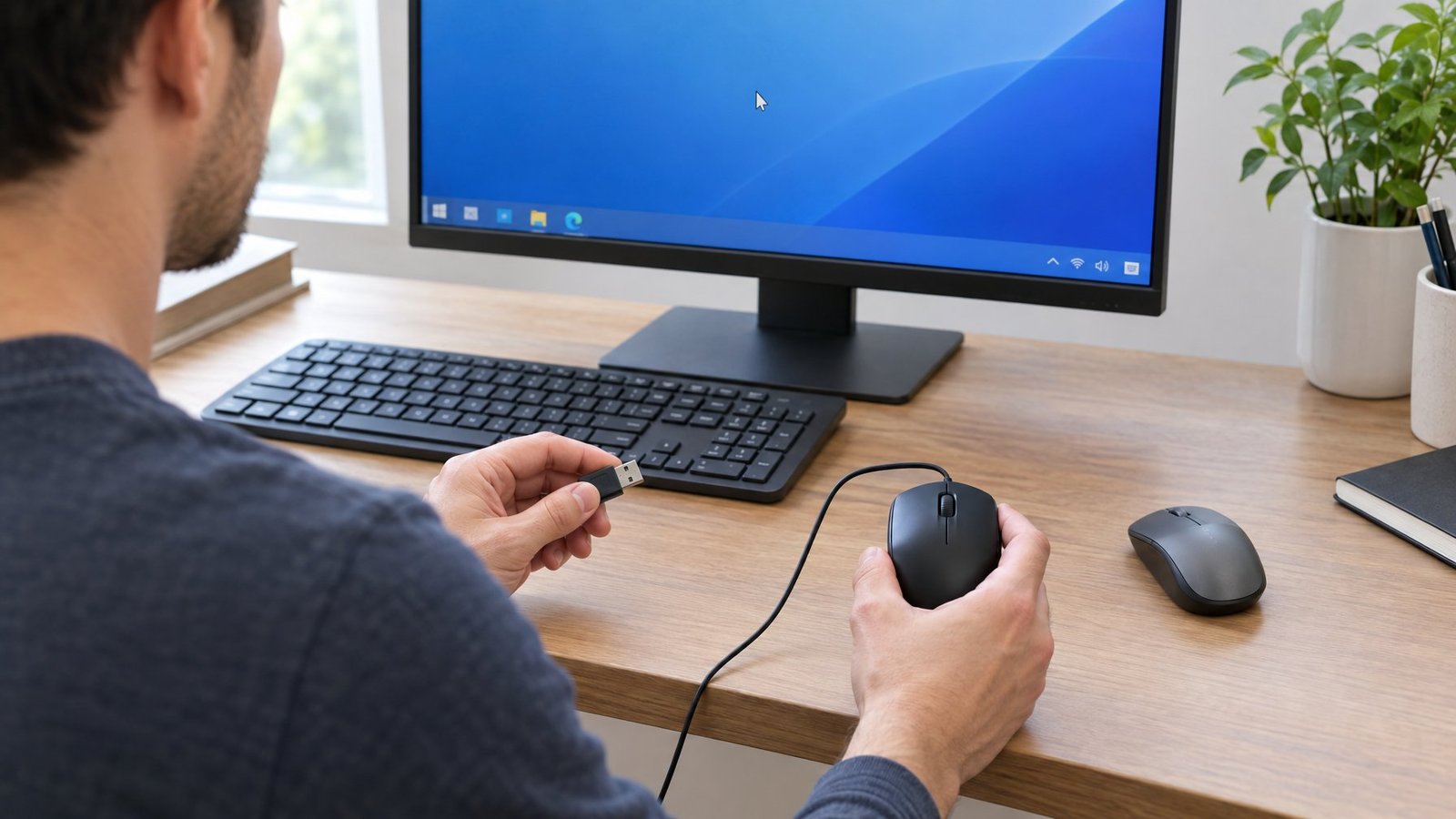 A person checks a computer mouse beside a desktop computer.