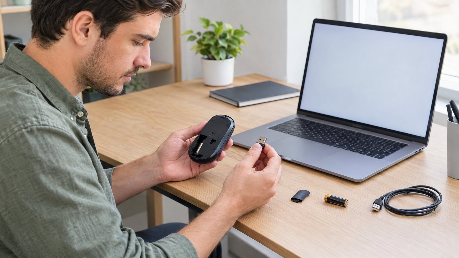 A person checks a computer mouse and its connection at a desk.