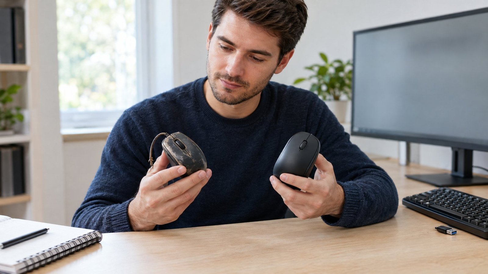 A person compares a worn computer mouse with a replacement at a desk.