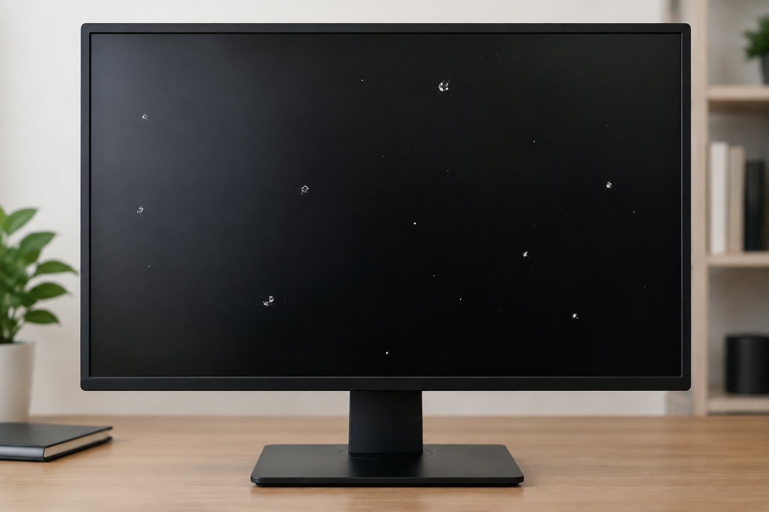 A computer monitor with several white spots on its dark screen.