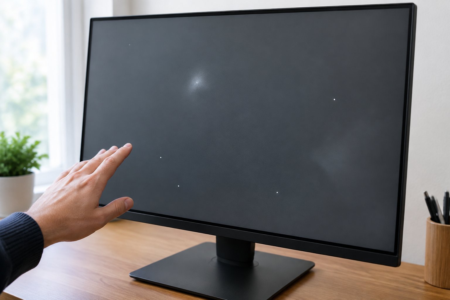 A person examines several white spots on a desktop monitor.