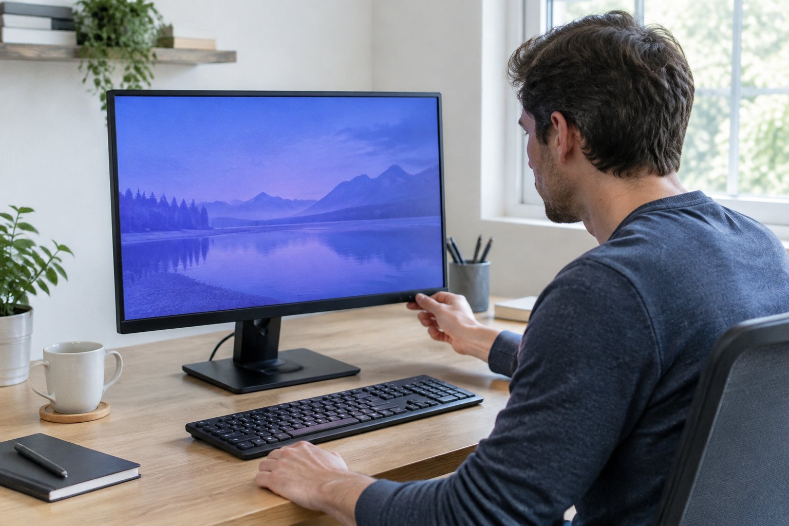 A person checks a desktop monitor displaying a faded image with a blue-purple tint.