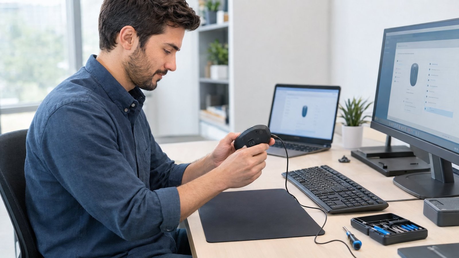 A person checks a computer mouse and USB receiver beside a laptop.