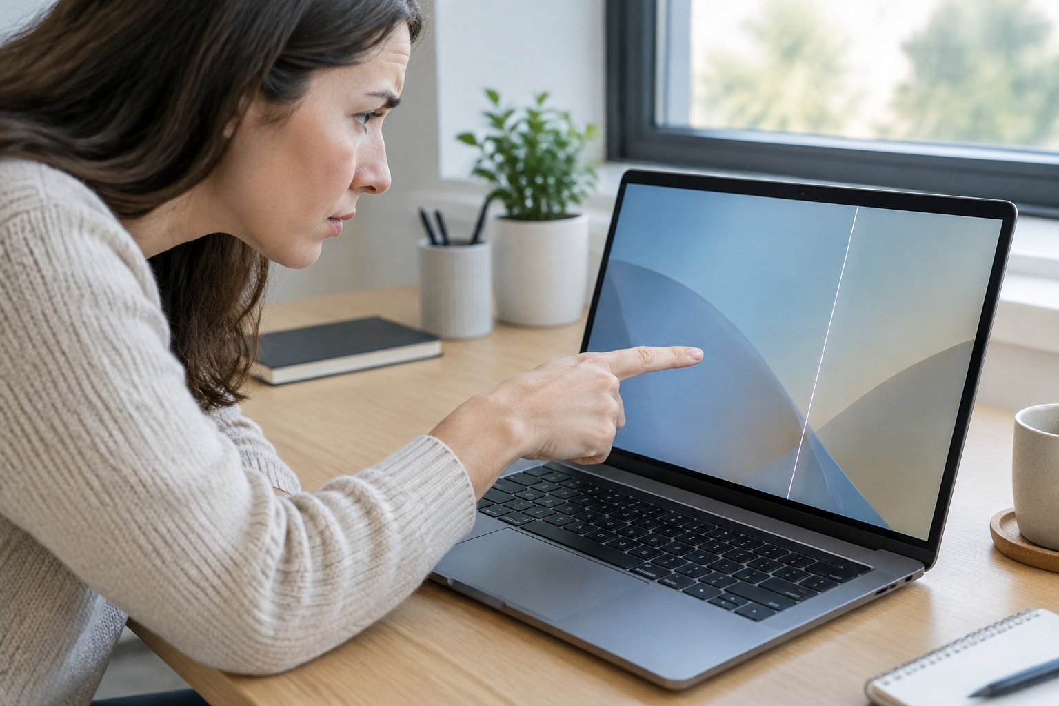 A person examines a computer screen with a vertical line on it.