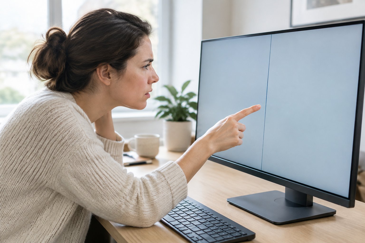 A person examines a thin vertical line on a computer monitor.
