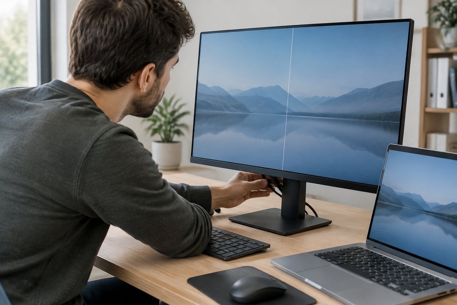 A person checks a desktop monitor with a thin vertical line on the screen.