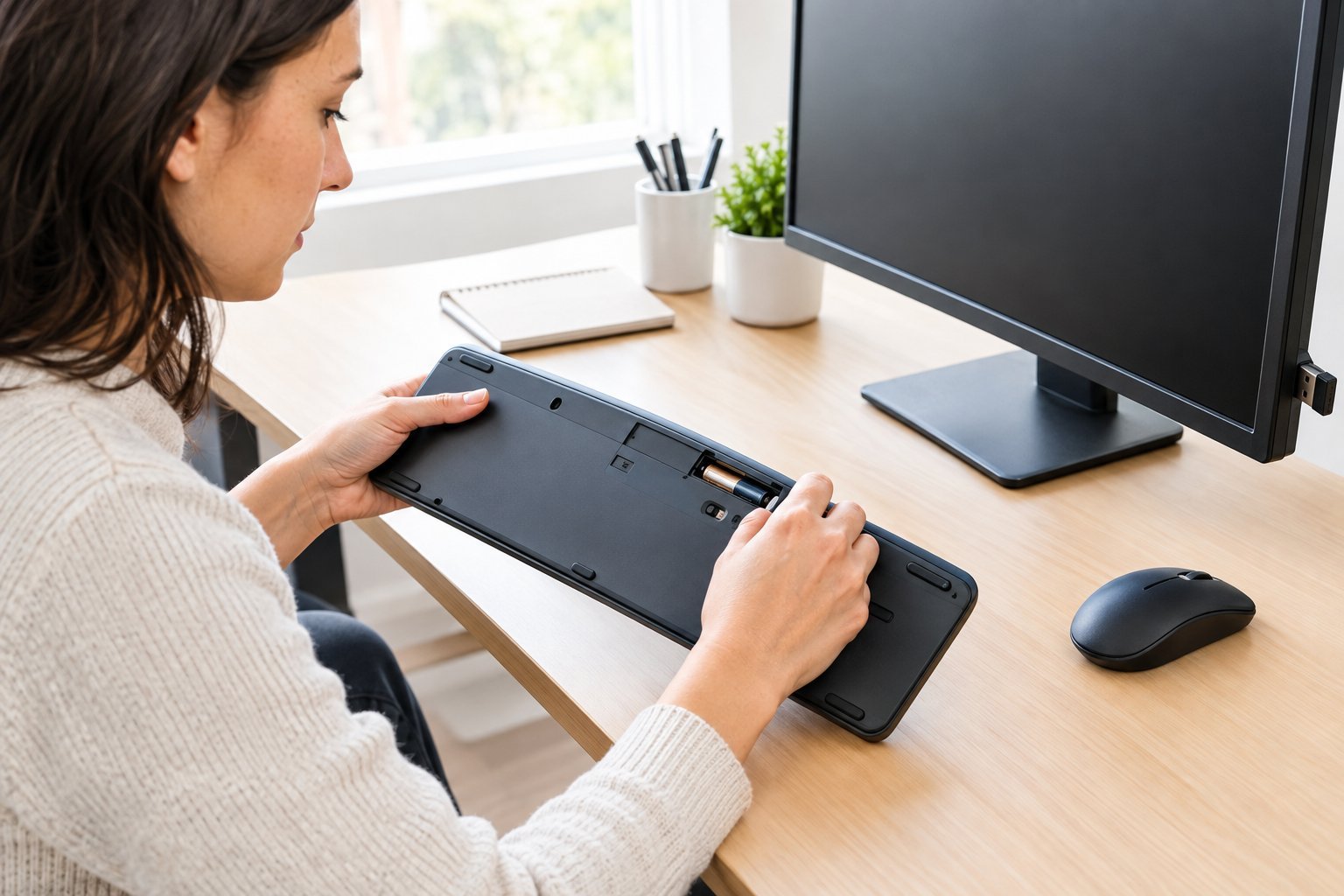 A person checks the batteries and power switch on a wireless keyboard beside a computer.