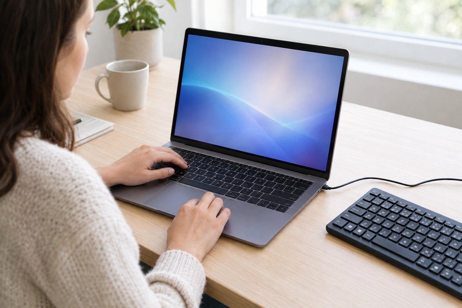 A person checks a laptop keyboard with an external keyboard nearby.