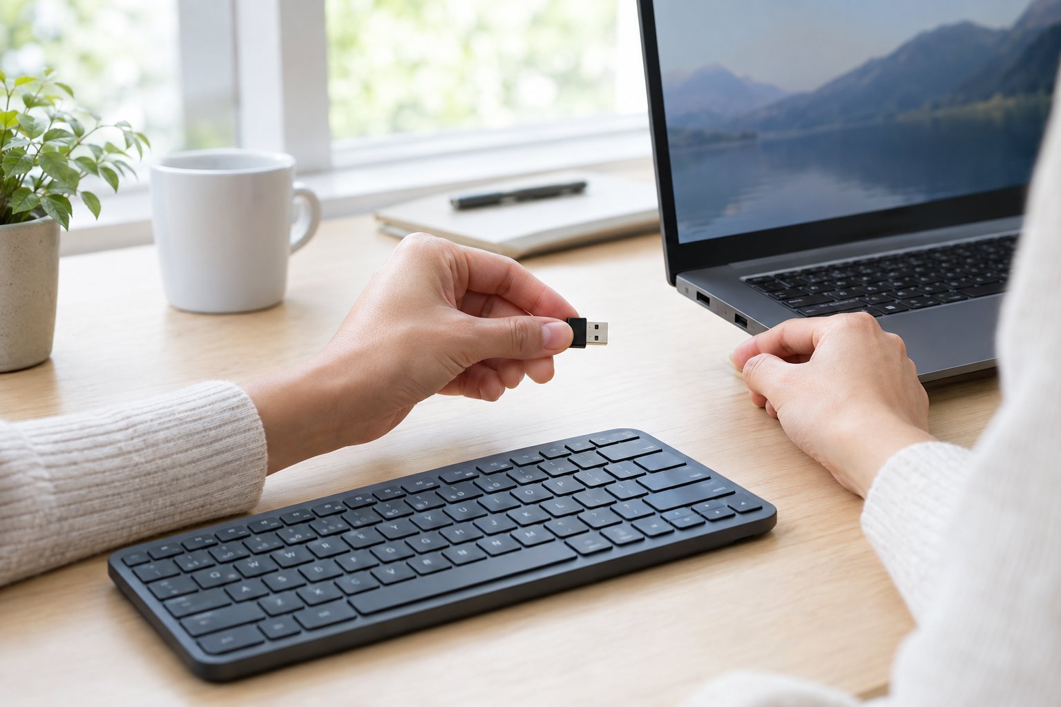 A person checks a small USB receiver beside a wireless keyboard at a desk.