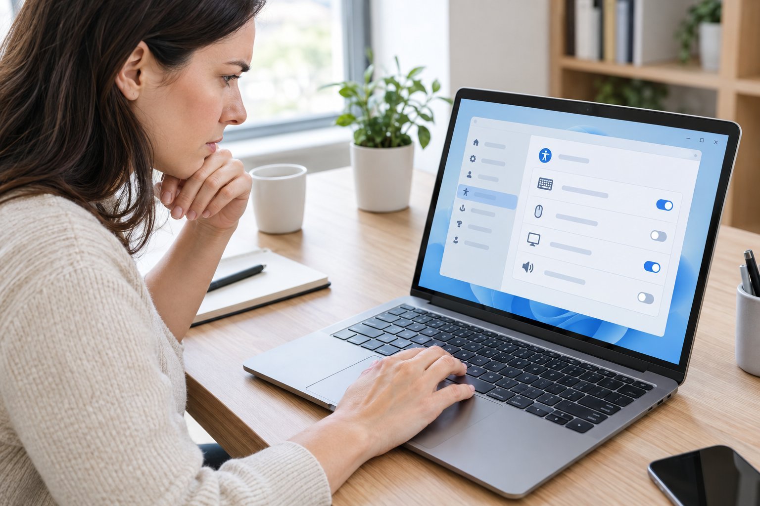 A person checks a laptop keyboard while viewing settings on the screen.