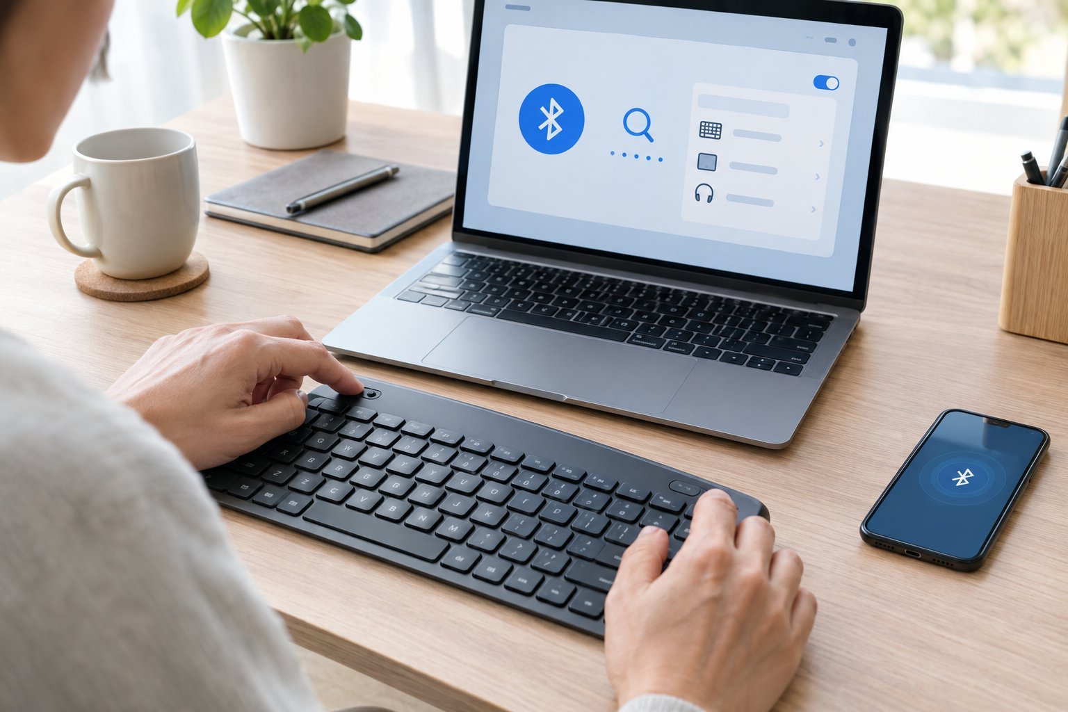 A person presses the pairing button on a wireless keyboard beside an open laptop.