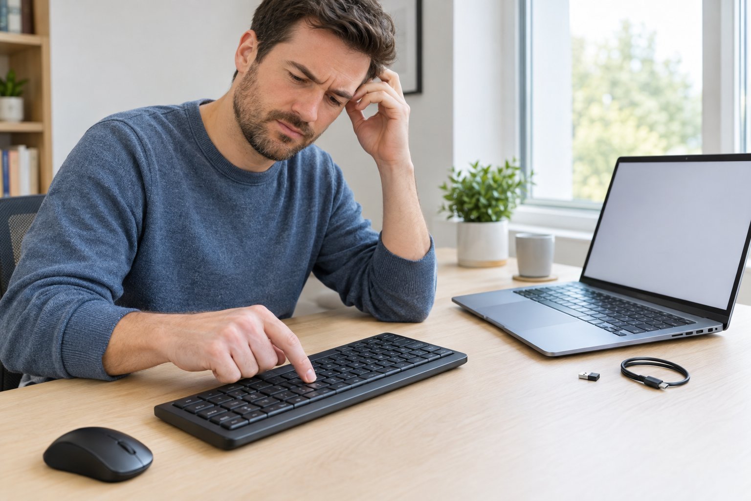 A person presses a key on a wireless keyboard while looking at a computer.
