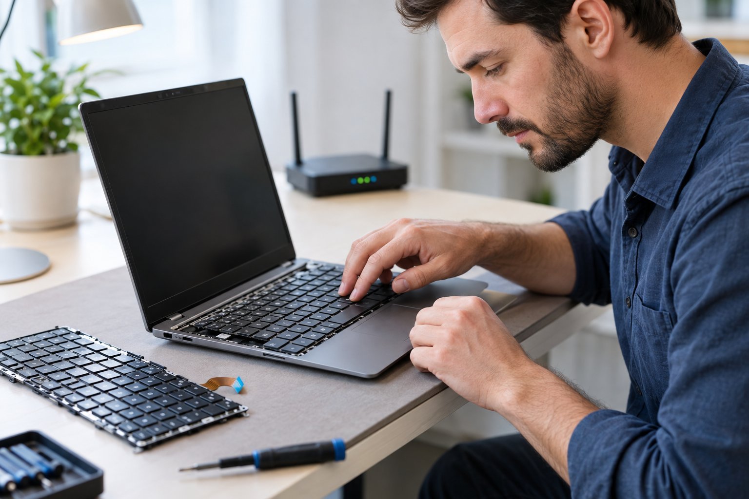 A technician tests a laptop keyboard beside an open laptop and a wireless router.