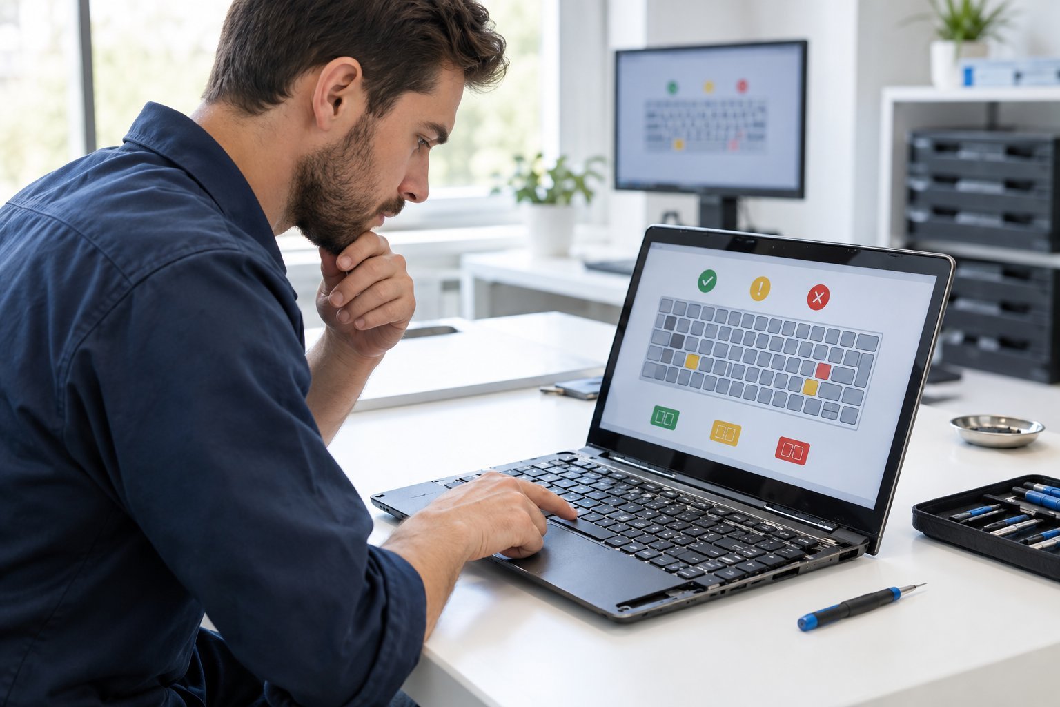 An IT technician checks a laptop keyboard while reviewing diagnostic results on the screen.