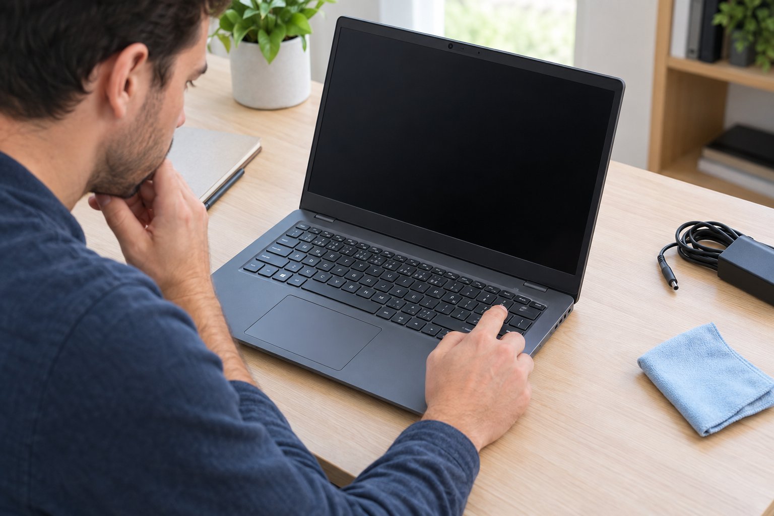 A person checks a laptop keyboard at a desk.