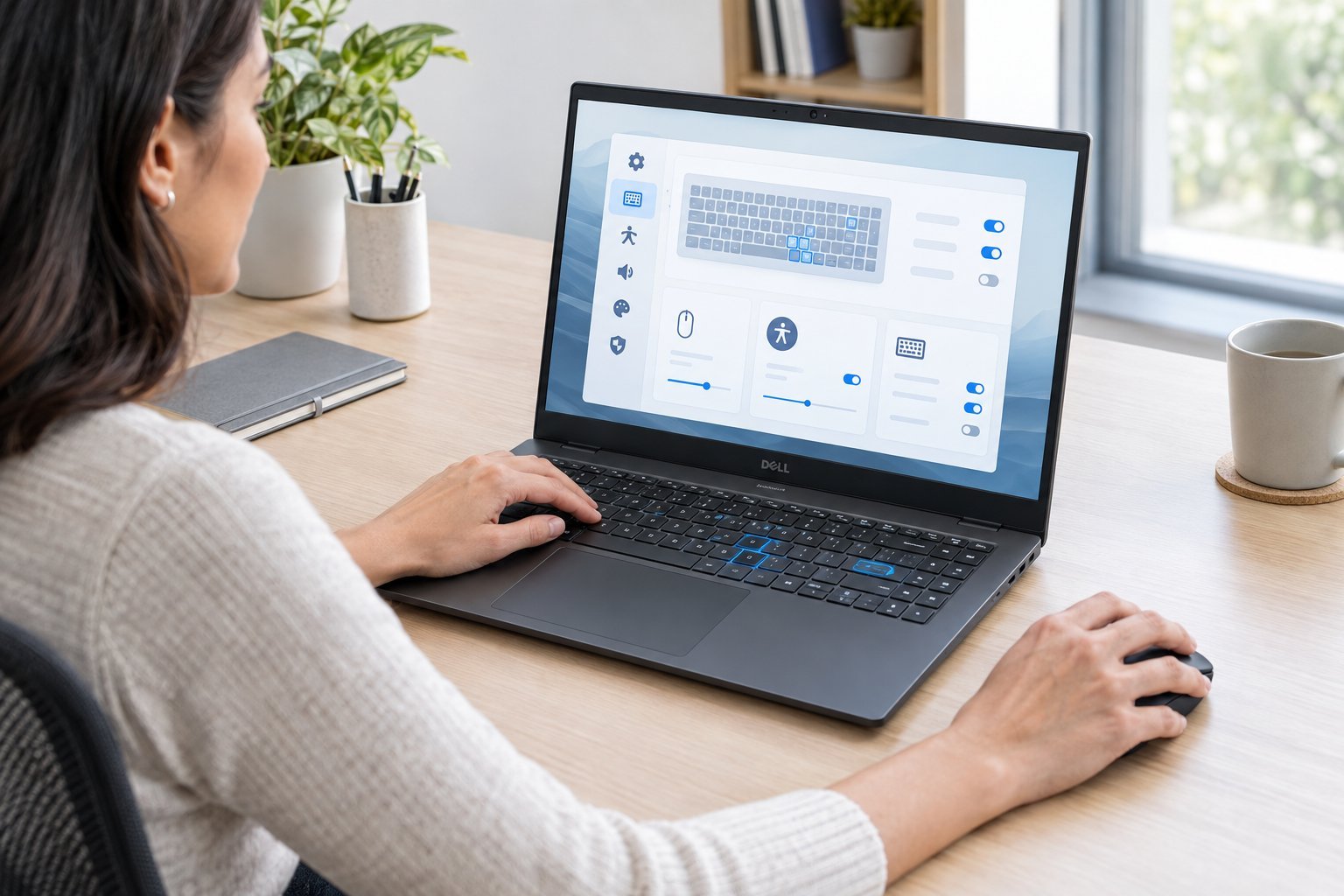 A person checks keyboard settings on a laptop at a desk.