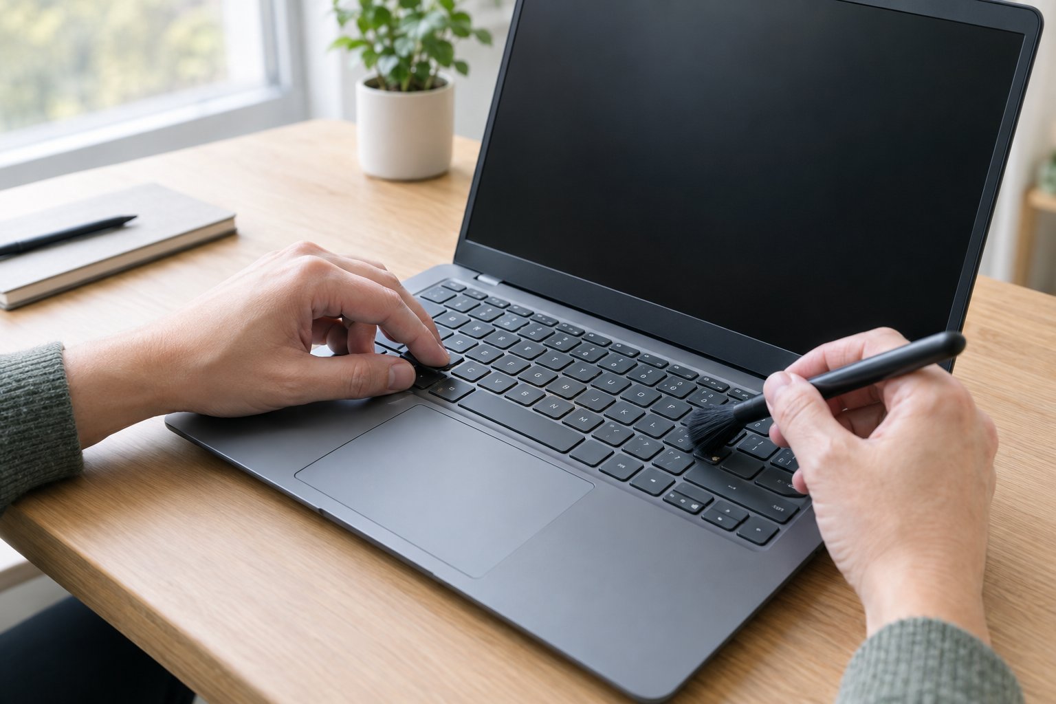 A person inspects and gently cleans a laptop keyboard with a small brush.