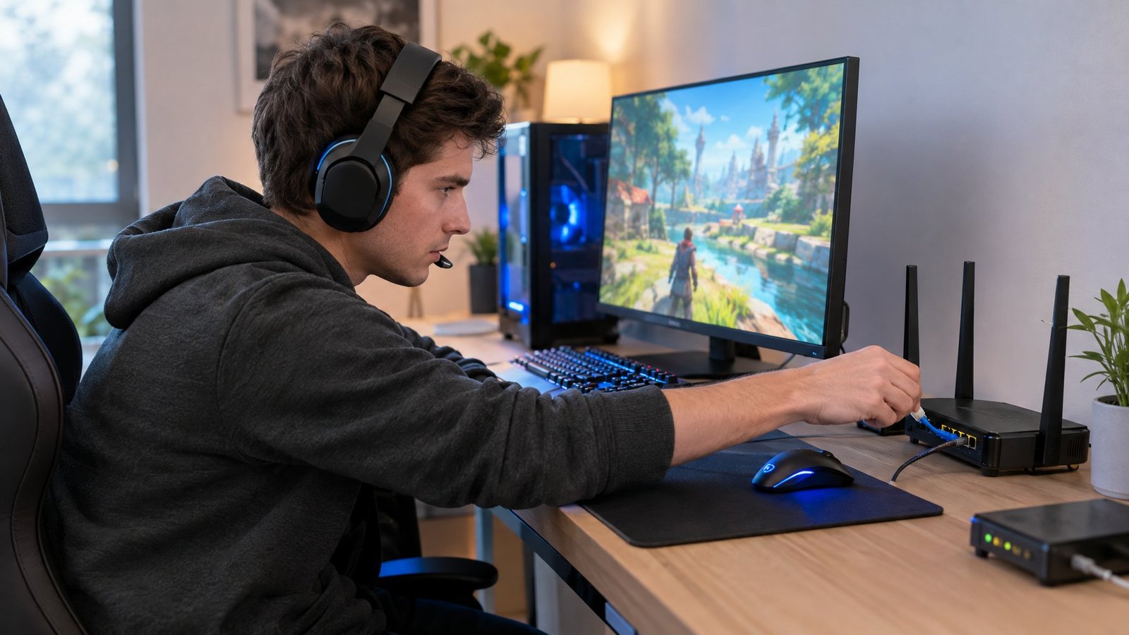 A person adjusts a network connection beside a gaming computer.