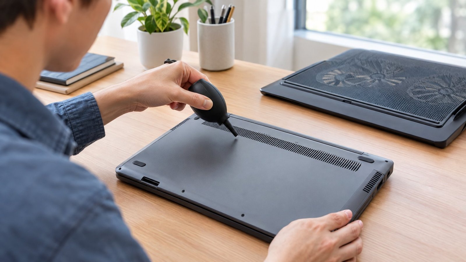 A person cleans dust from a laptop's ventilation area at a desk.