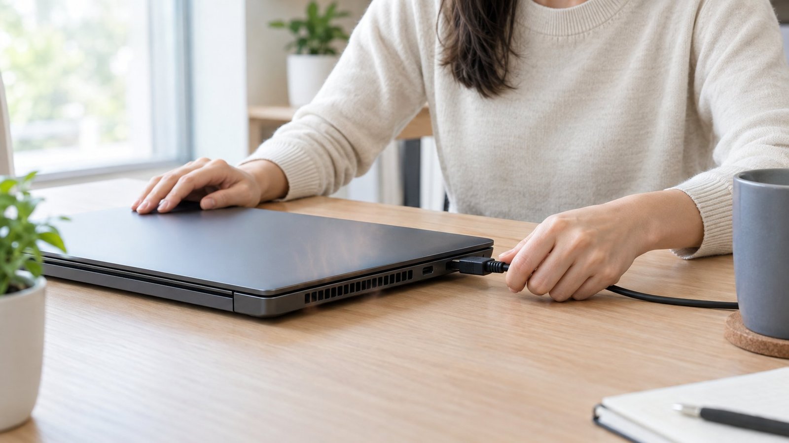 A person unplugs a laptop on a clear desk as it cools.