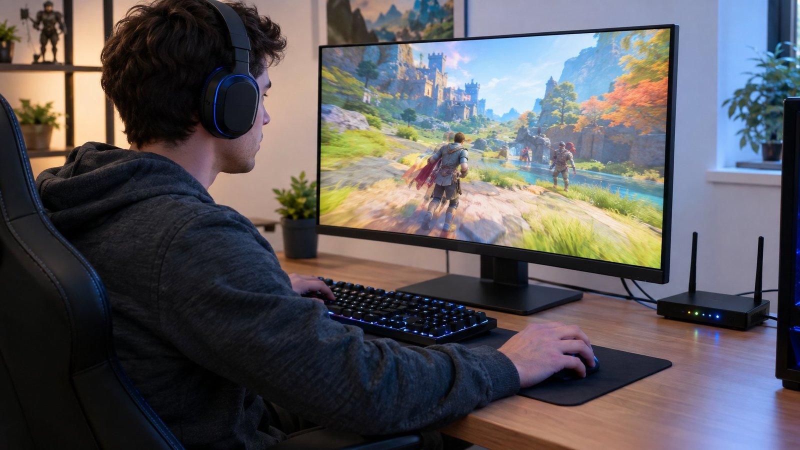 A gamer watches a multiplayer game on a computer while a router sits nearby.