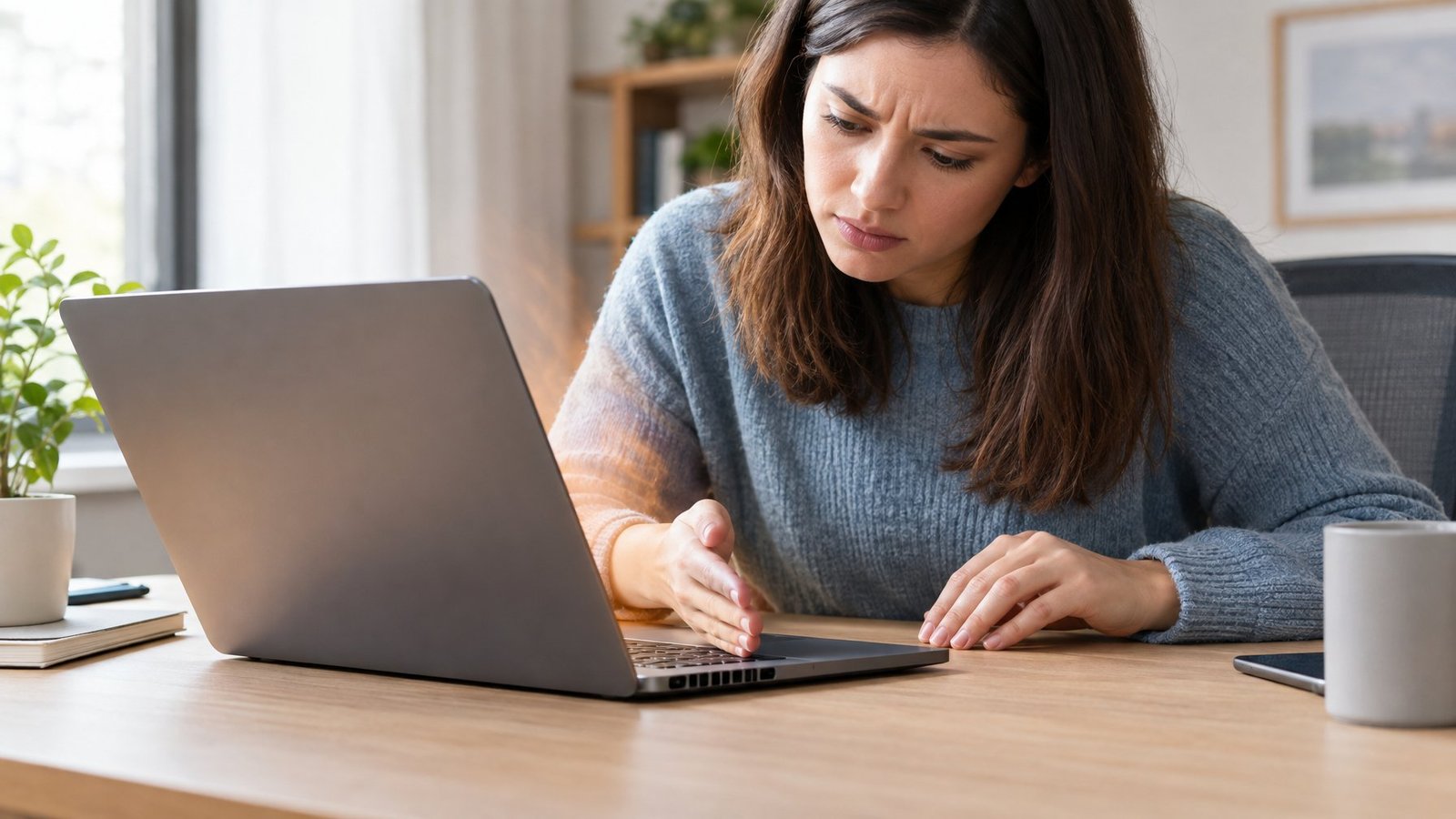 A person checks the heat coming from an open laptop on a desk.