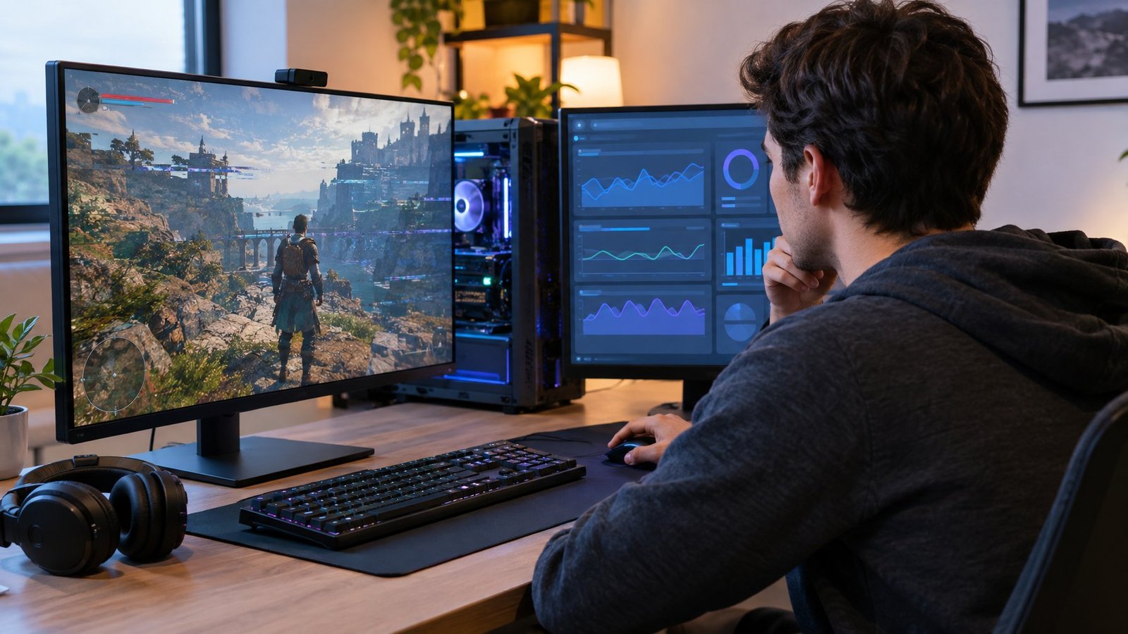 A gamer checks computer performance while troubleshooting a choppy game.