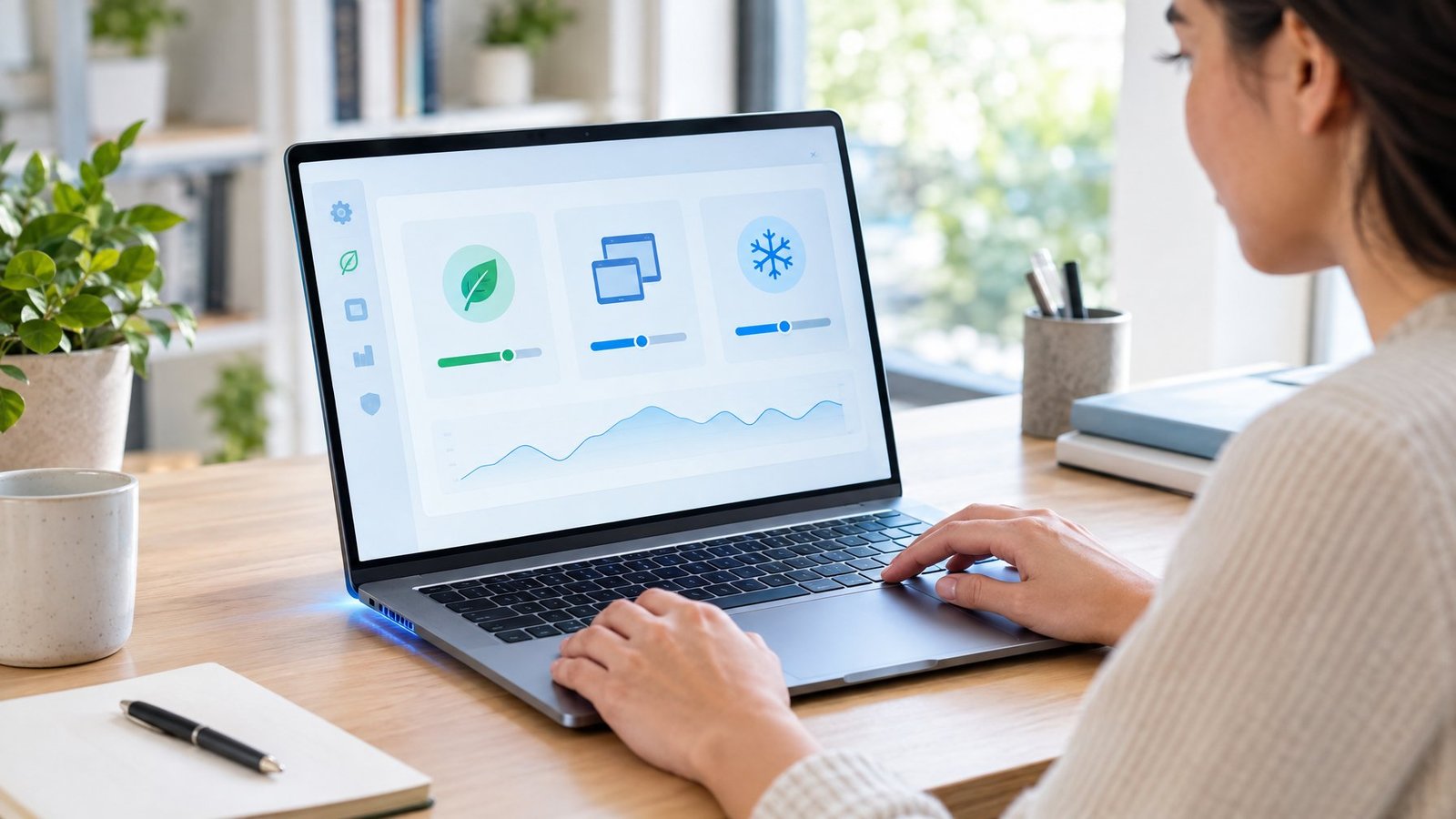 A person adjusts settings on a laptop at a home-office desk.