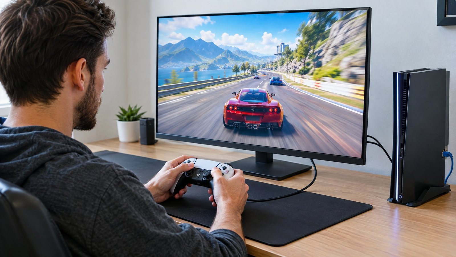 A gamer uses a controller at a desk while playing a racing game on a monitor.