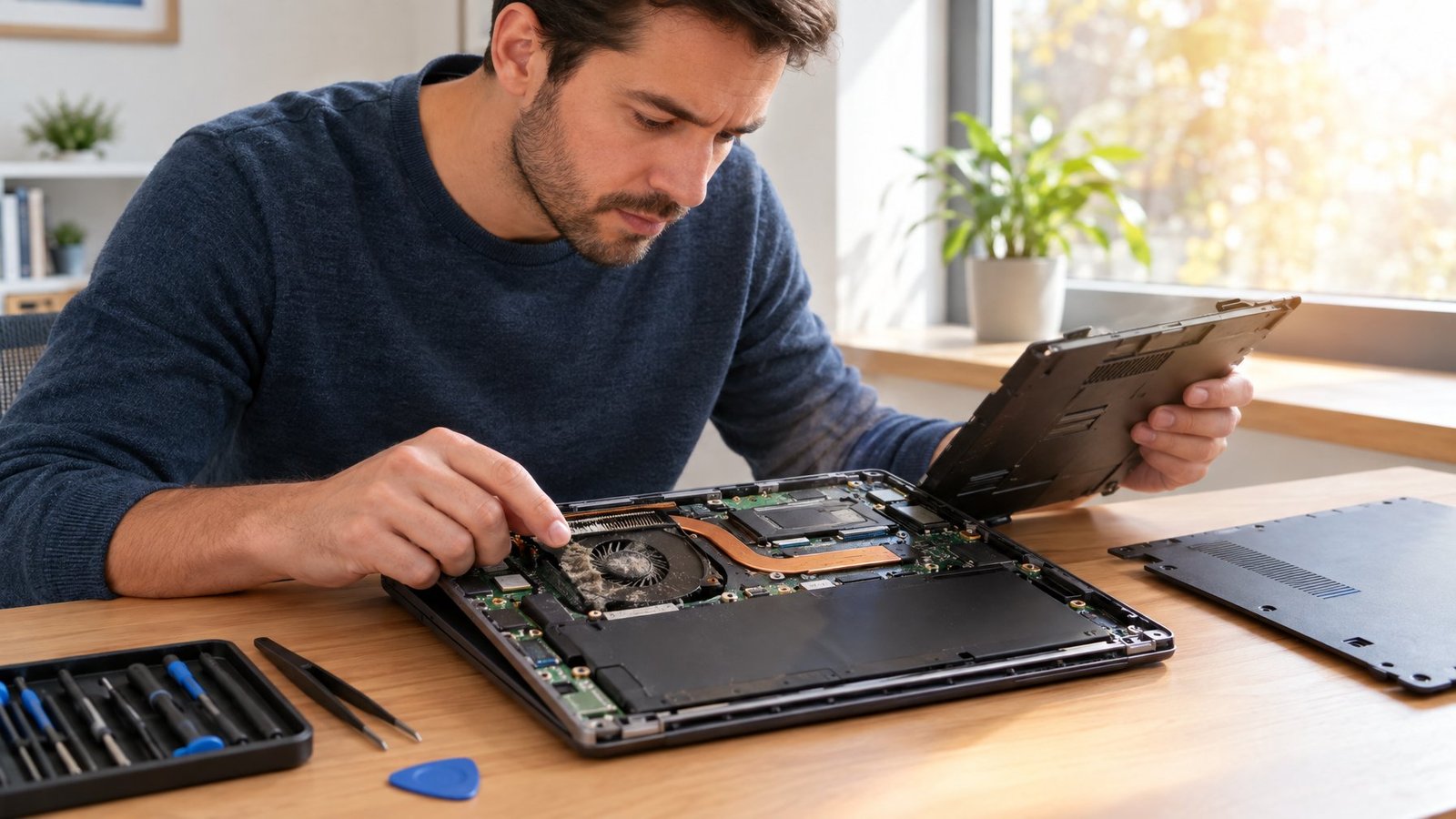 A technician inspects the cooling components of an open laptop while its owner watches.