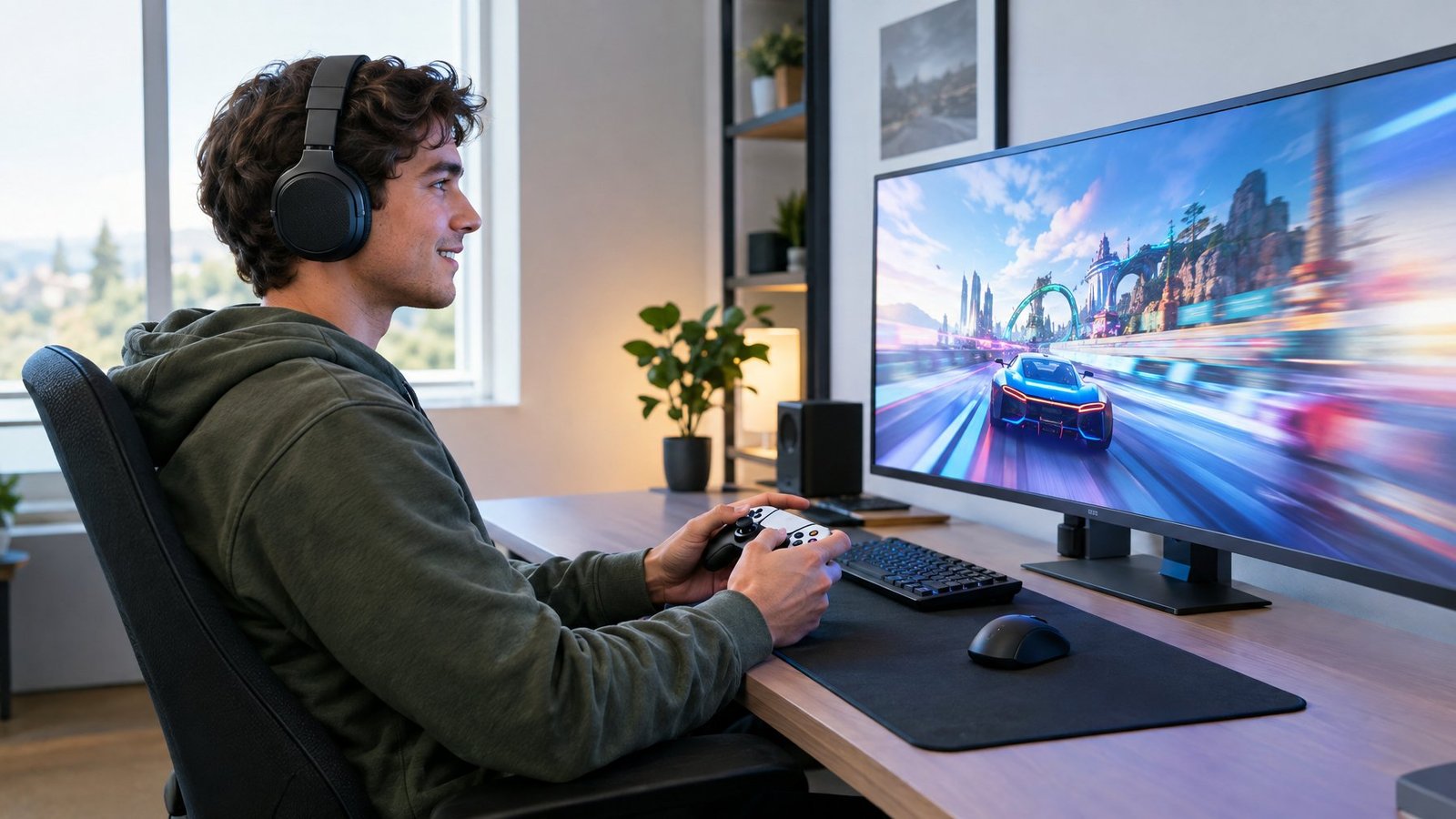 A gamer plays smoothly at a computer desk.