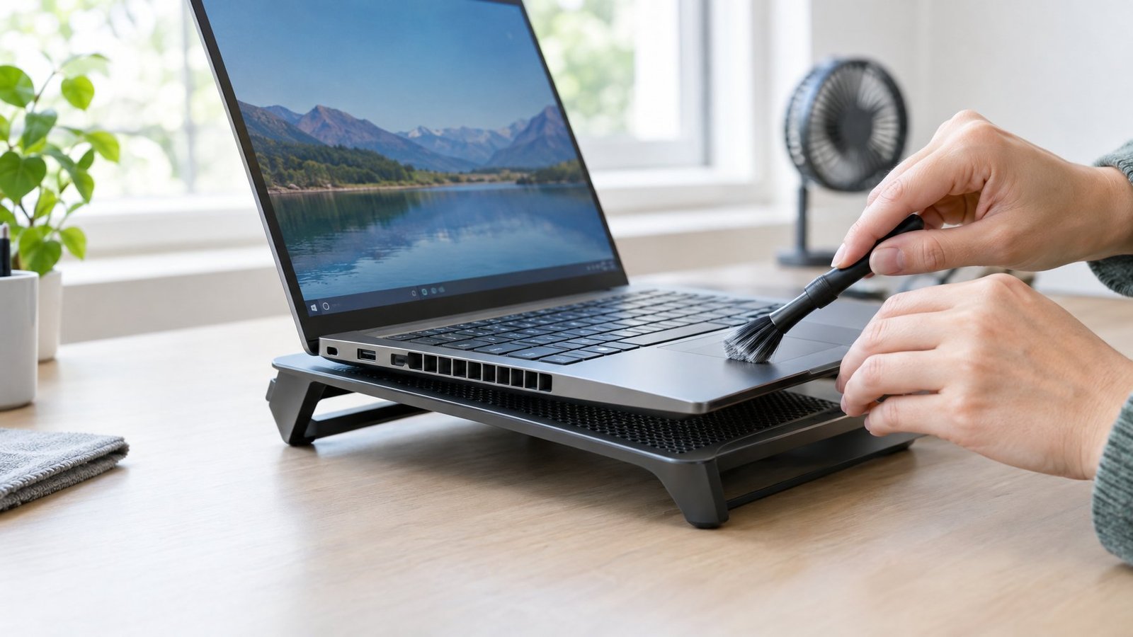 A person cleans the vent of a laptop sitting on a ventilated stand.