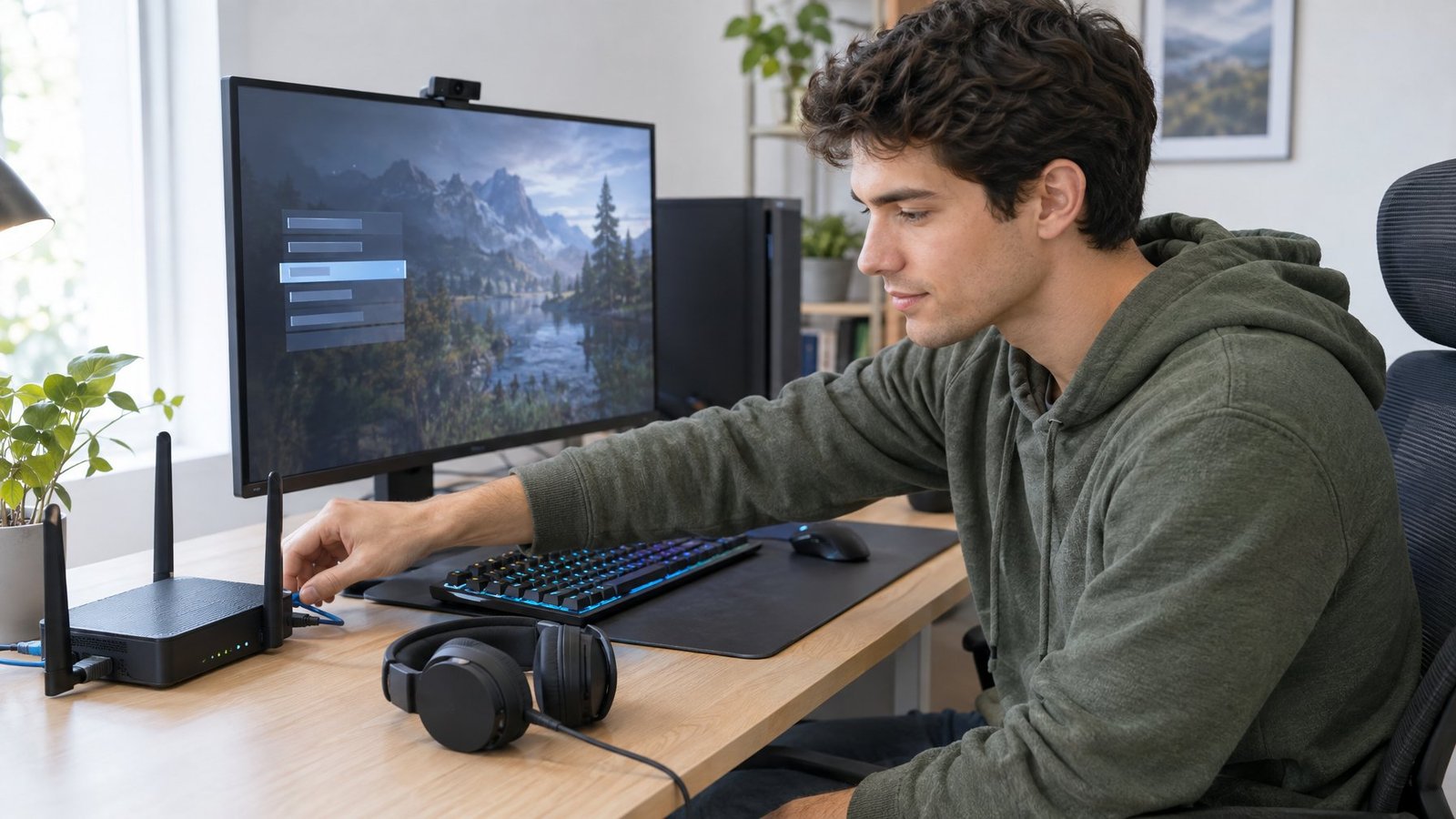 A gamer adjusts a network connection beside a computer.
